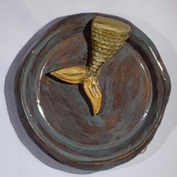 Small Round Blue Pottery Dish with Mermaid Tail - The Irritable Pelican Artisan Gallery
