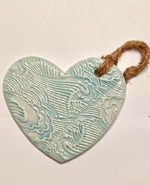 Aqua Blue Heart Imprinted with Wave - The Irritable Pelican Artisan Gallery