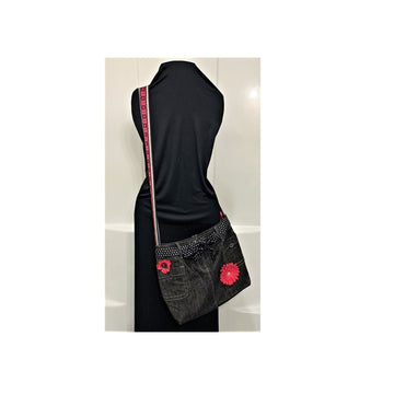 "Black with Pink Flowers" Blue Jeans Artisan Bag - The Irritable Pelican Artisan Gallery