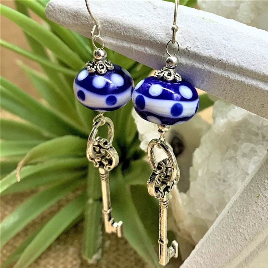 Blue and White Lamp Work Glass Beads Earrings - The Irritable Pelican Artisan Gallery