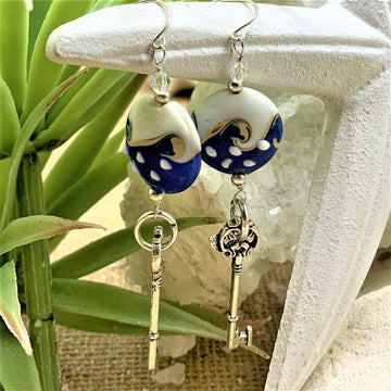 Blue and White Wave Lamp Work Glass Beads Earrings - The Irritable Pelican Artisan Gallery