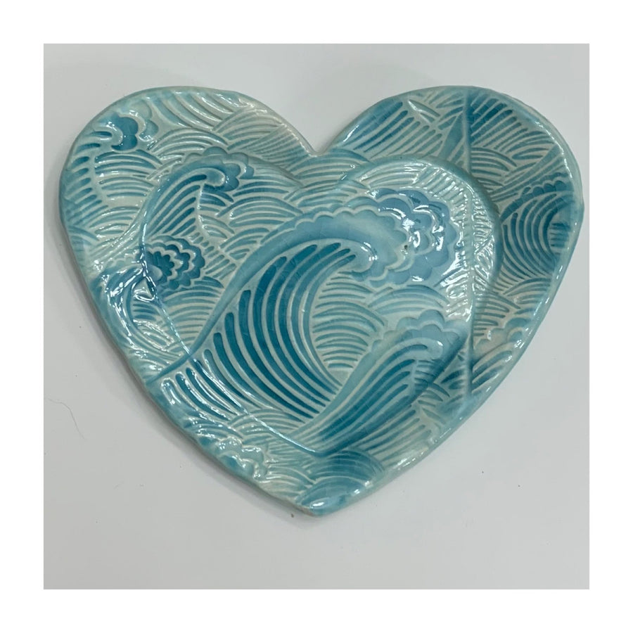 Blue Ceramic Heart Dish w/Wave Imprint - The Irritable Pelican Artisan Gallery