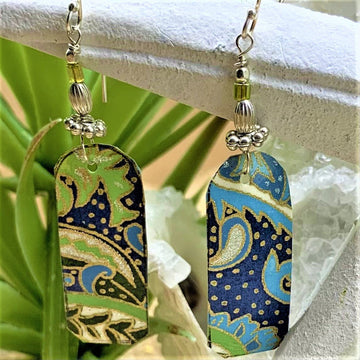 Blue/Green/Gold Floral Paper and Sea Glass Earrings - The Irritable Pelican Artisan Gallery