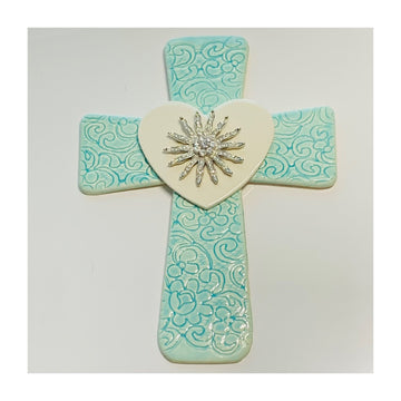 Boho Porcelain Cross w/Ceramic and Vintage Jewelry Accent - The Irritable Pelican Artisan Gallery