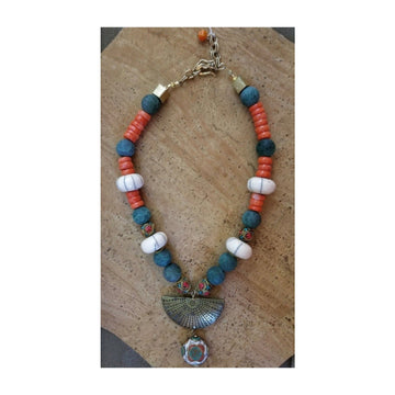 Brass and Coral Beaded Necklace - The Irritable Pelican Artisan Gallery