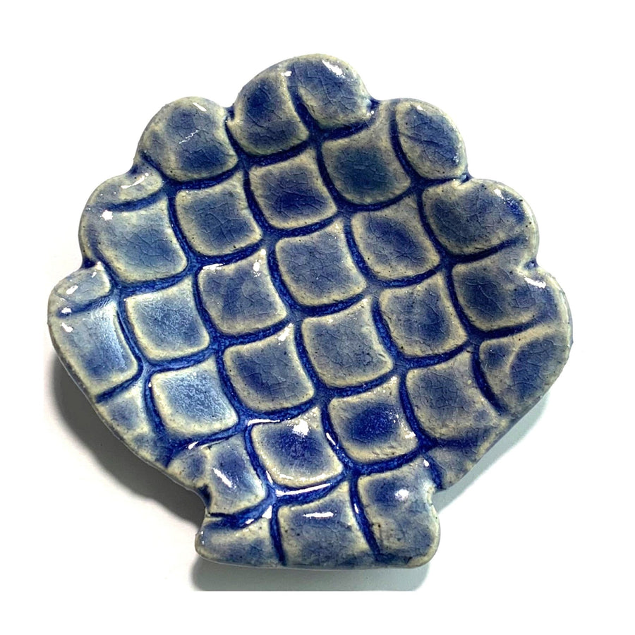 Ceramic Blue Clam Shell Dish w/Mermaid Scales - The Irritable Pelican Artisan Gallery