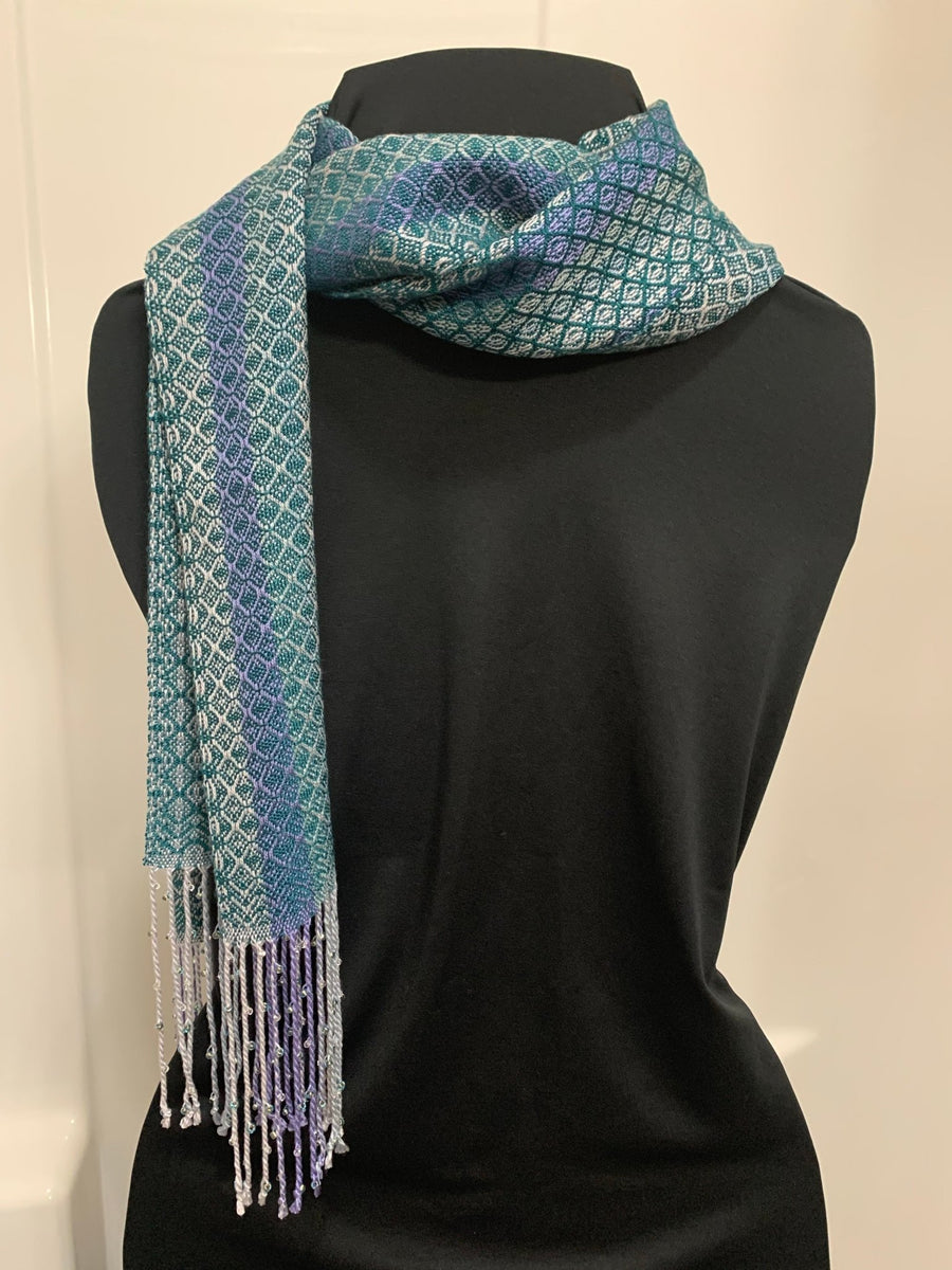 Deep Teal Handwoven Dressy Tensel and Glass Beaded Scarf - The Irritable Pelican Artisan Gallery