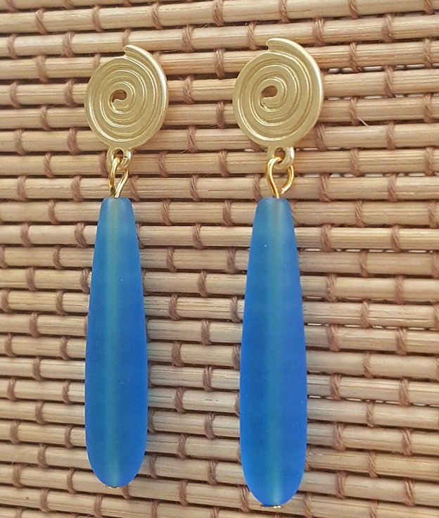 Gold Spiral Beach Glass Earrings-Medium Blue - The Irritable Pelican Artisan Gallery