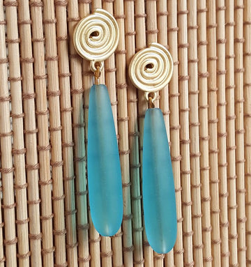 Gold Spiral Beach Glass Earrings-Sky Blue - The Irritable Pelican Artisan Gallery