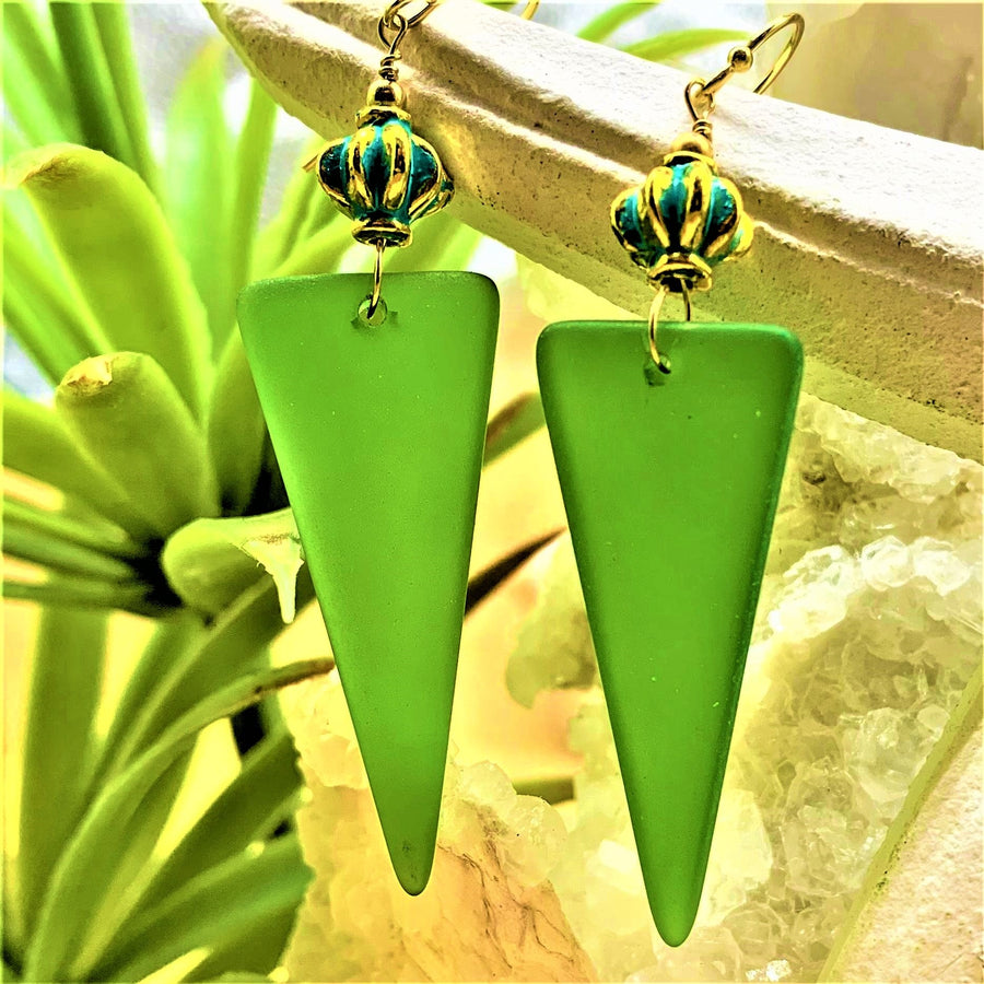 Green Triangular Sea Glass Dangle Earrings - The Irritable Pelican Artisan Gallery
