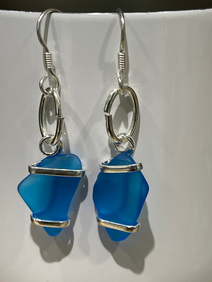 Sky Blue Sea Glass Earrings with Sterling Silver Wires