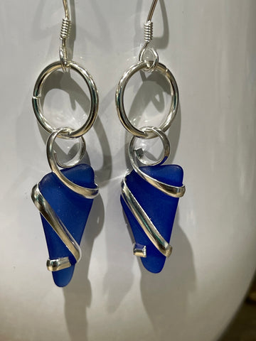 Dark Blue Sea Glass Earrings with Sterling Silver Wires