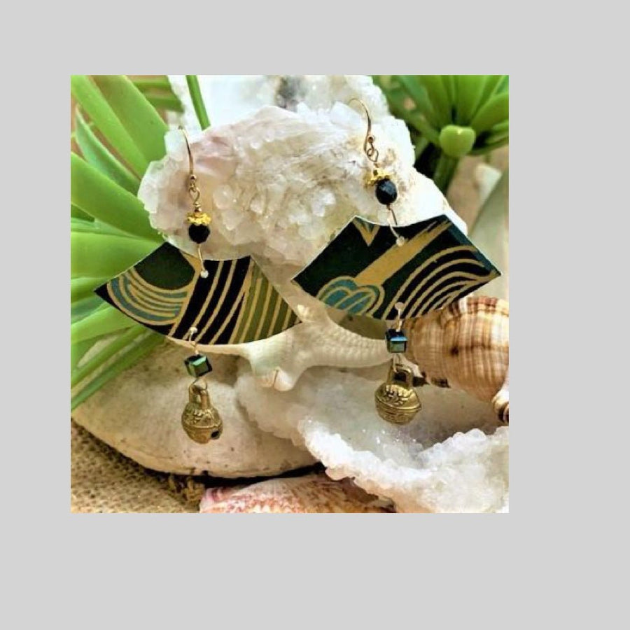 Paper Earrings w/Tiny Brass Bells - The Irritable Pelican Artisan Gallery