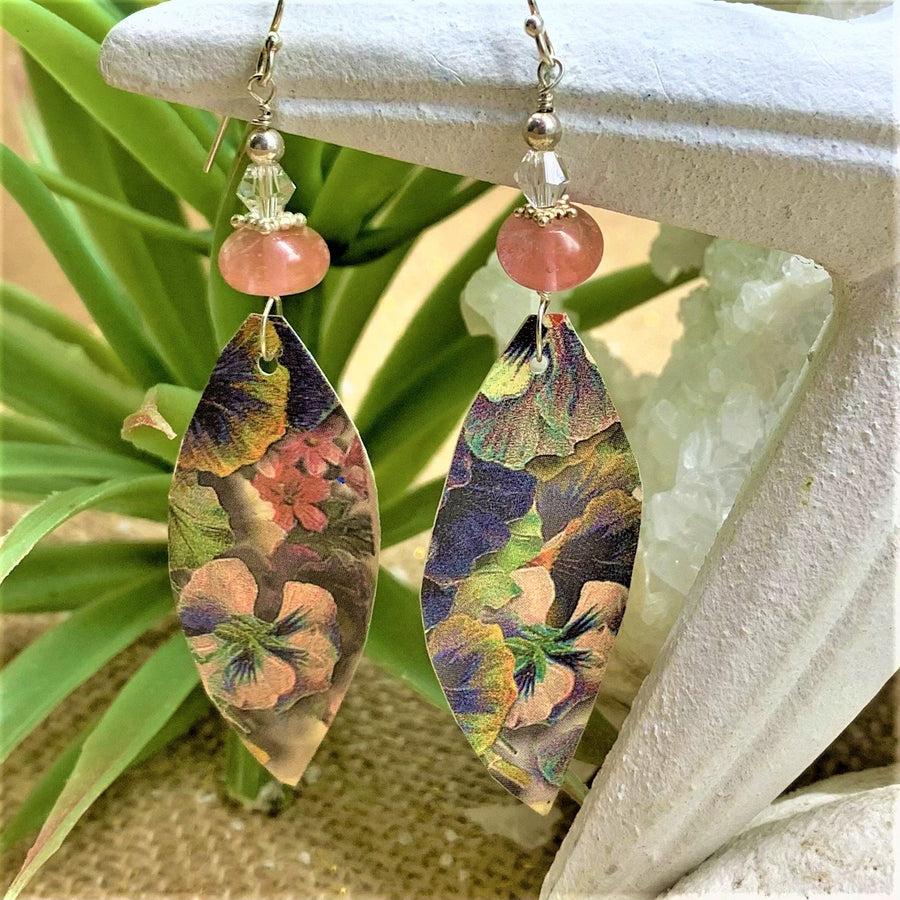 Rose Quartz and Antique Pansy Printed English Paper Earrings - The Irritable Pelican Artisan Gallery