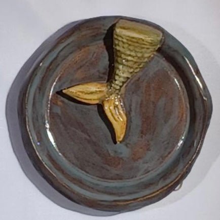 Small Round Blue Pottery Dish with Mermaid Tail - The Irritable Pelican Artisan Gallery
