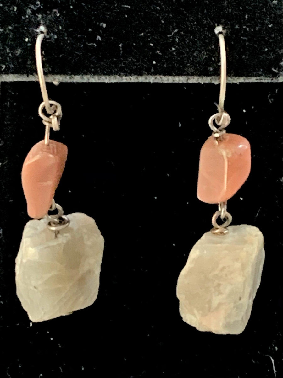 SS Peach Moonstone and Raw Moonstone Nugget Earrings - The Irritable Pelican Artisan Gallery