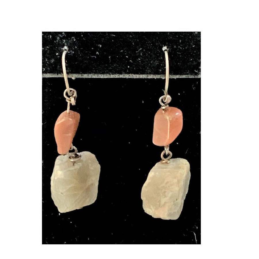 SS Peach Moonstone and Raw Moonstone Nugget Earrings - The Irritable Pelican Artisan Gallery