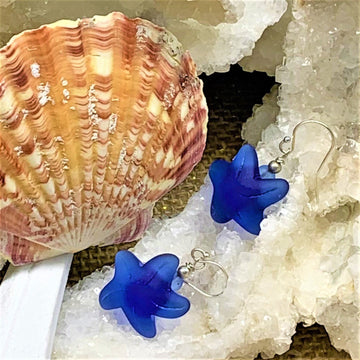 Ultramarine Blue Sea Glass Starfish Earrings - The Irritable Pelican Artisan Gallery