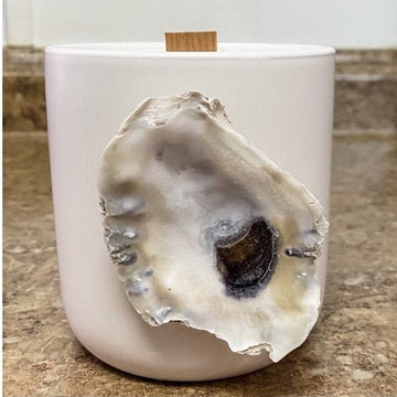 White Wood Wick Ceramic Candle with Oyster Shell - The Irritable Pelican Artisan Gallery