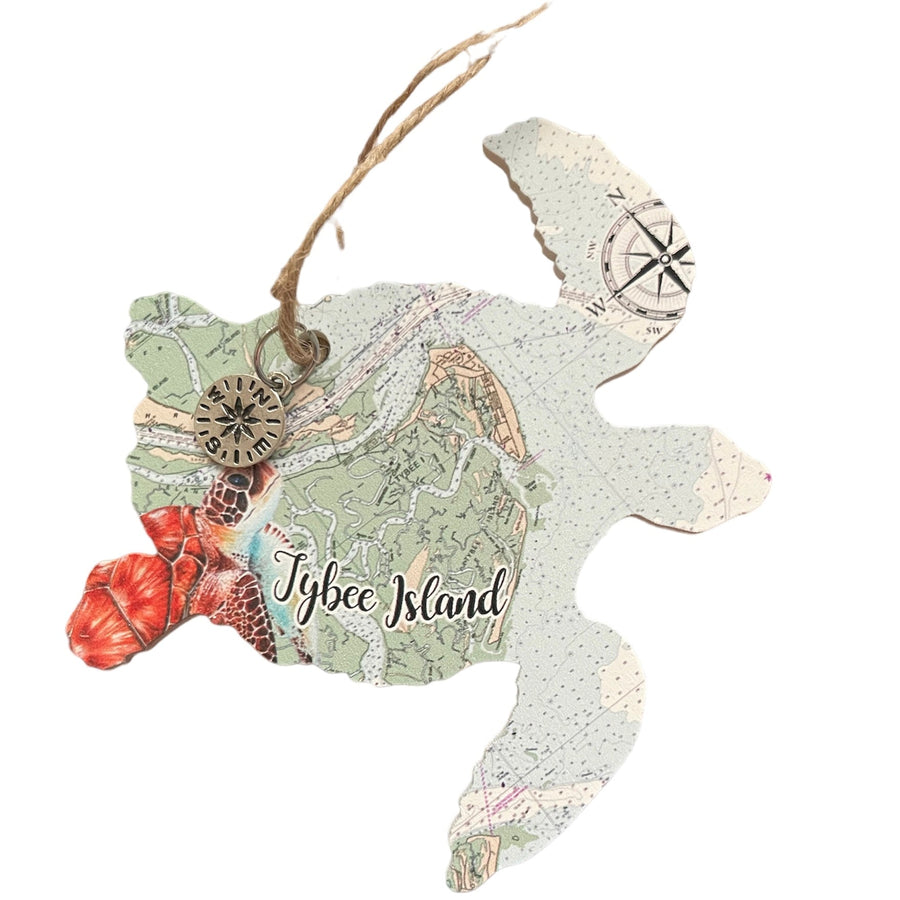 Wooden Tybee Turtle Map Ornament - The Irritable Pelican Artisan Gallery